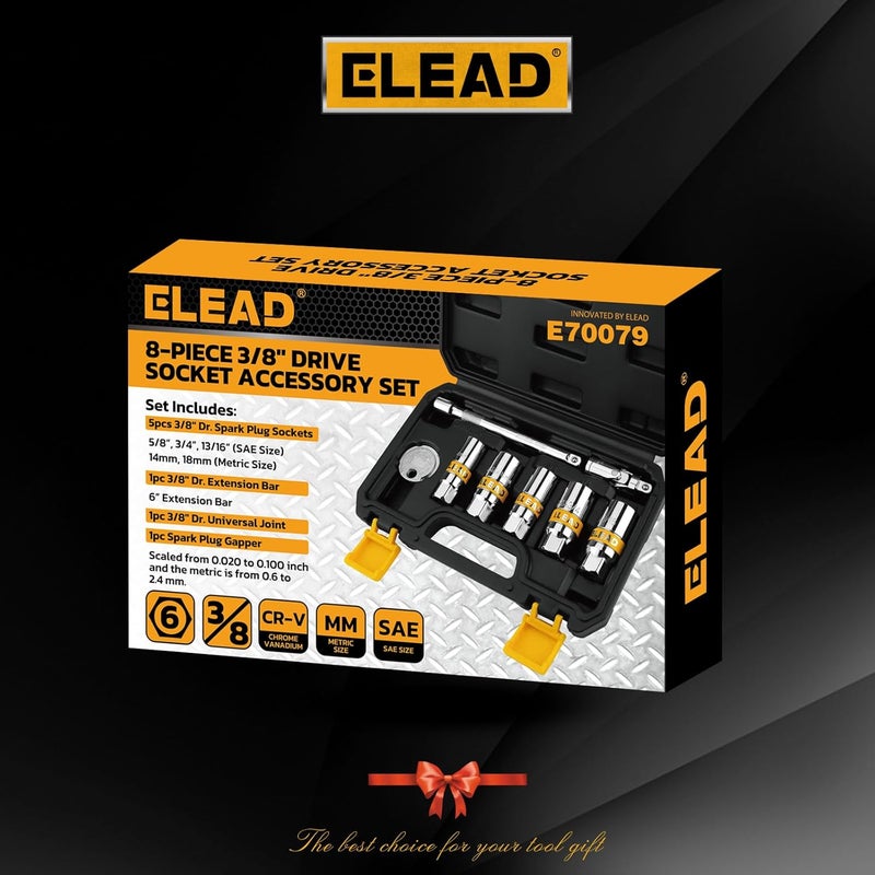 ELEAD 8-Piece 3/8" Drive Spark Plug Socket Set with Universal Joint, Spark Plug Gapper and 6" Extension Bar, SAE & Metric, 5/8", 3/4", 13/16", 14mm, 18mm, CR-V Sockets with Rubber Holding Rings - Image 2